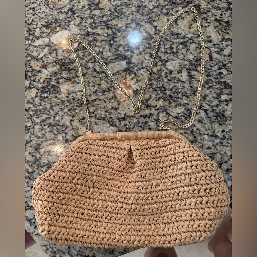 Elegant Tan Woven Ming Bag with Gold Chain